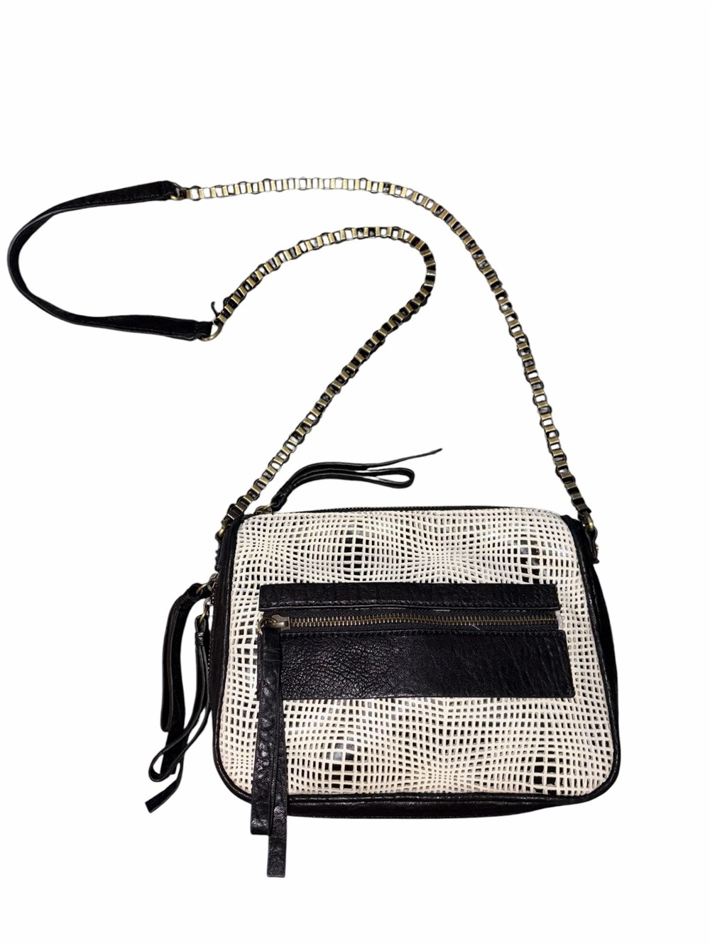 EUC Treesje Textured Black White Leather Crossbody Bag Gold-Toned Chain Strap